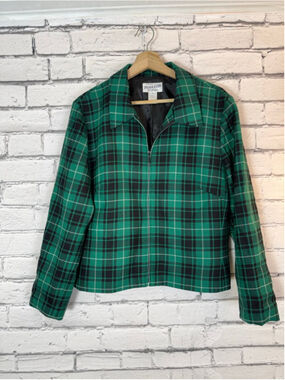 Women's Pendleton Green & Black Plaid Wool Blazer Bomber Jacket Size 16 VINTAGE